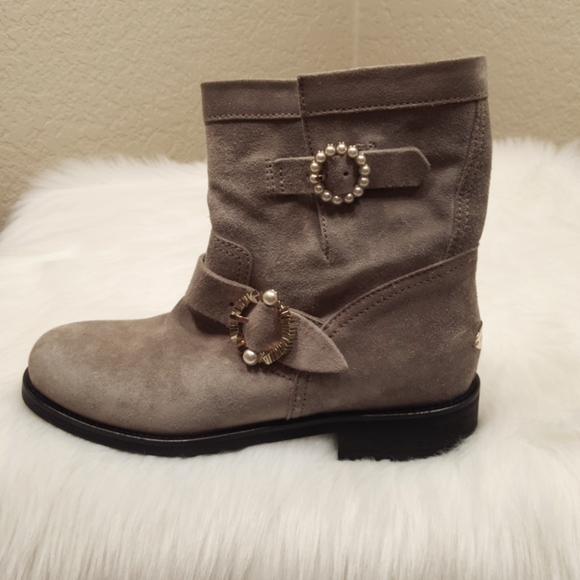 Jimmy Choo Youth Pearls Buckle Booties Taupe Sz 7 - Picture 2 of 10